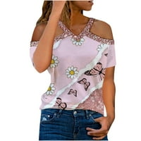 Scyoekwg ризи с къс ръкав за жени v-образно студено рамо топ пеперуди графични тийнейджъри модерни удобни облечени ежедневни летни годни летни върхове розови s