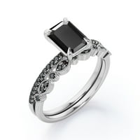 Milgrain Filigree - 1. TCW Emerald Cut Lab създаде черен диамант - пакет с акцент с булчински пръстен - 18k бяло злато покритие над сребро
