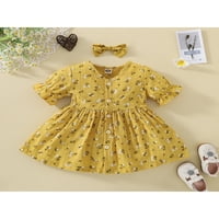 Baby Girls Summer Outfit, Floral Printing V-Neck Buttons Buttons Ress + Clip за коса за малки деца