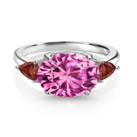 Gem Stone King 8. CT Round Pink създаде сапфир червен гранат стерлинги сребро женски 3-каменна пръстен