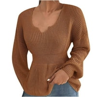 Женски зимен пуловер пуловер моден пуловер с дълъг ръкав V-образен пуловер кафяв кафяв