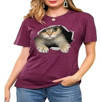 Lumento жени плюс размер върхове летни ризи за печат на котки Небрежни тениски за врата с къс ръкав