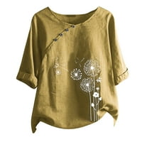 Moonker дамски върхове ризи за жени печат O-Neck с късо ръкав T-Short Blouse Tee Ther Button Floral 5XL Yellow