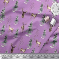 Soimoi Purple Rayon Fabric Deer & Tree Watercolor Printted Craft Fabric край двора
