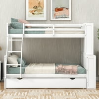 Twin върху пълно двуетажно легло с Trundle и рафтове, може да се отдели на три отделни легла на платформата, бяло