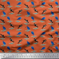 Soimoi Polyester Crepe Fabric Waves, Whale & Dolphin Ocean Print Fabric по двор широк