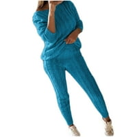 Honeelady Clearance под 5 $ Женски плетен пуловер плюс размер бельо Две пижами комплекти с дълъг ръкав мек салон нощни дрехи панталони домашни дрехи