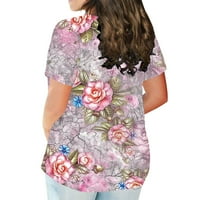 Големи тениски за жени плюс размер модна естетическа пеперуда флорална печат на шията с къс ръкав облечени блузи