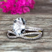 1. Карат овална форма Aquamarine годежен пръстен Булчински пръстен 10k бяло злато извита контур безкрайност съвпадаща лента