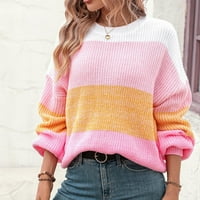 Пуловери за жени Модни ежедневни плътни цветове с дълъг ръкав кръгла девита контраст есен и зимен пуловер син л l