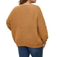 Небрежни обикновени кръгли пуловери с дълъг ръкав кафяв плюс пуловери с размер