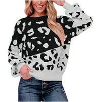 Плетен пуловер жени леопардов отпечатан екипаж на врата пуловер върхове дълги ръкави свободни годни пуловер пуловерни върхове