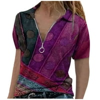 Тениски на лабакиха за жени ретро печат с къс ръкав zip v-образно деколте градски ежедневни пуловер върхове лилаво